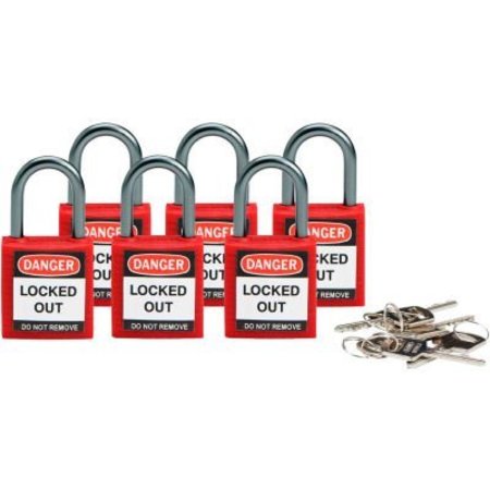 BRADY BradyÂ Compact Safety Padlock W/ Label, Aluminum Shackle, Red, 6/Pack 118926
